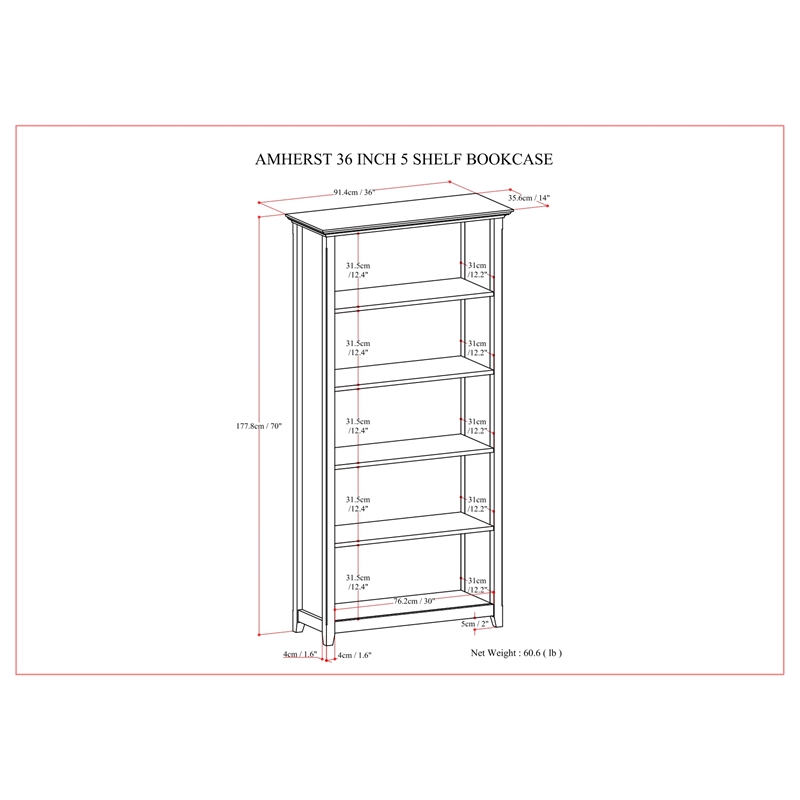 Amherst 36 inch Wide Solid Wood Transitional 5 Shelf Bookcase in Hickory Brown