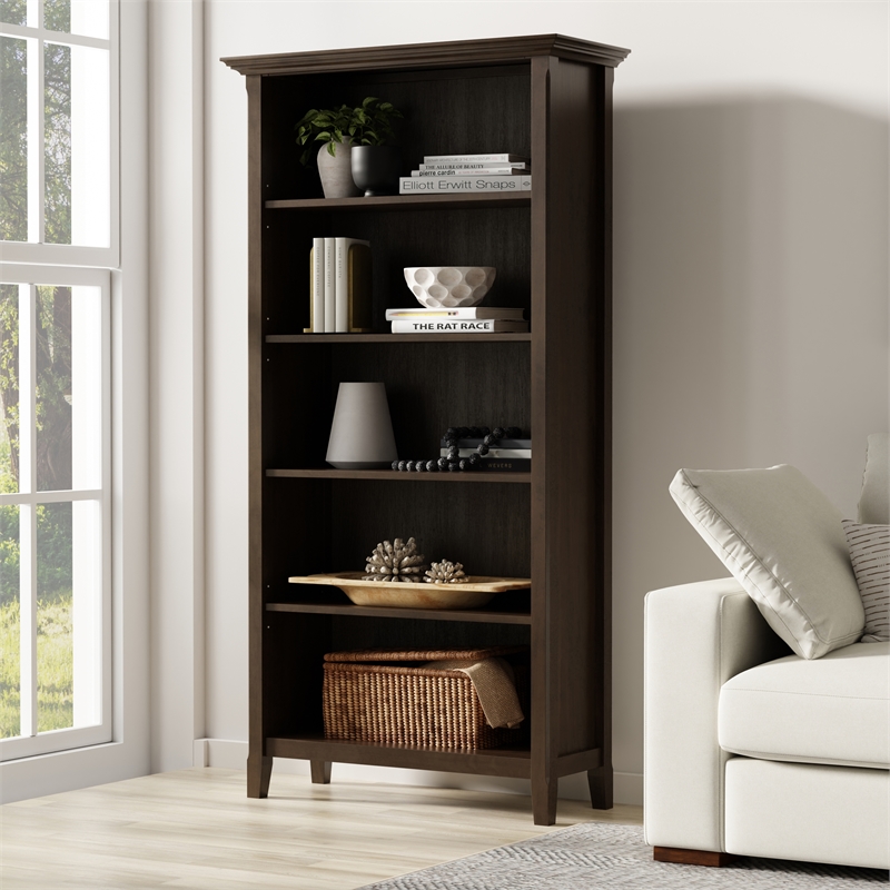 Amherst 36 inch Wide Solid Wood Transitional 5 Shelf Bookcase in Hickory Brown