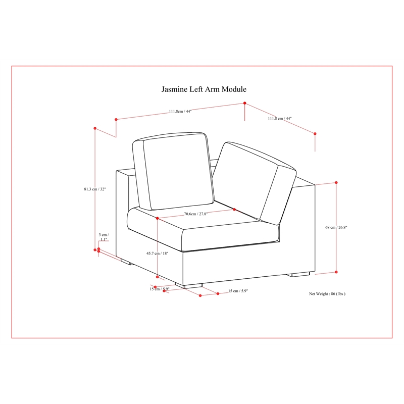 Simpli Home Jasmine Left-Arm Sofa Module in Performance Fabric