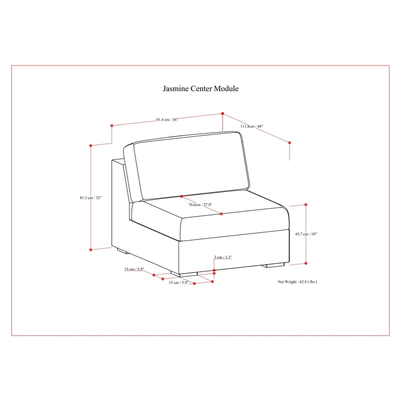 Simpli Home Jasmine Center Armless Sofa Module in Performance Fabric
