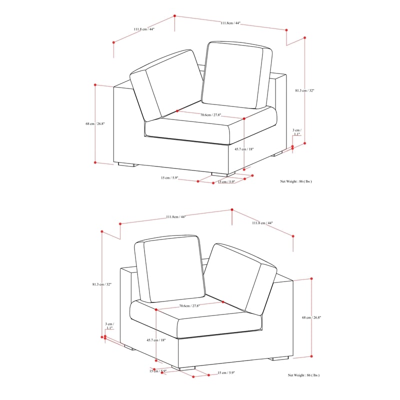 Simpli Home Jasmine 2-Seater Modular Sofa in Performance Fabric