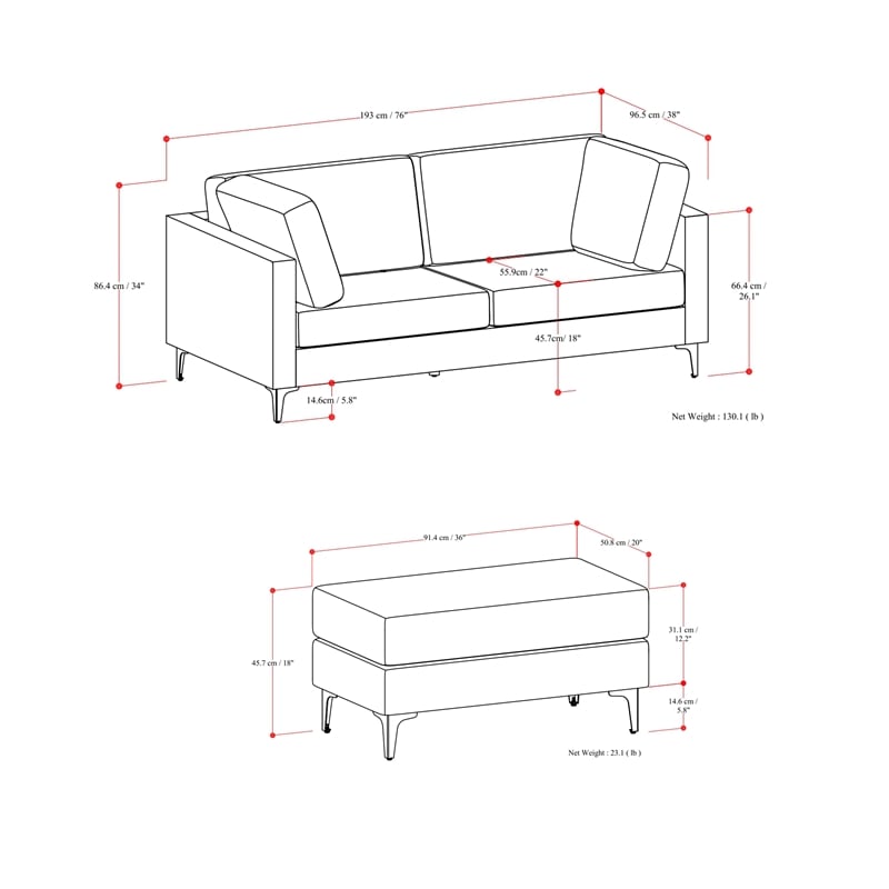 Ava 76-inch Sofa and Ottoman Set in Tightly Woven Performance Fabric