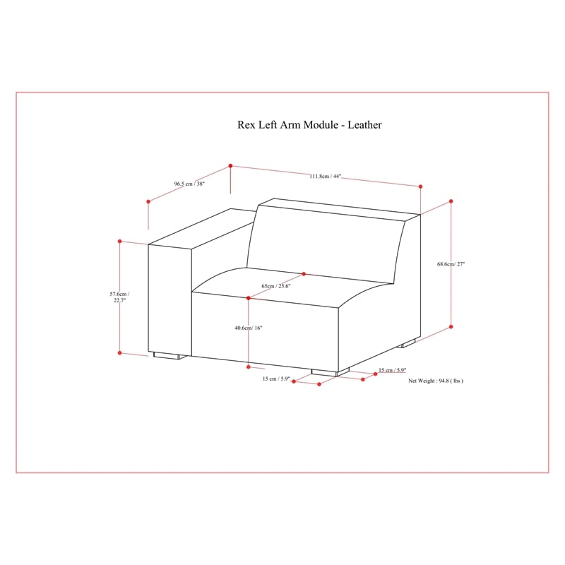 Simpli Home Rex Left-Arm Sofa Module in Genuine Leather