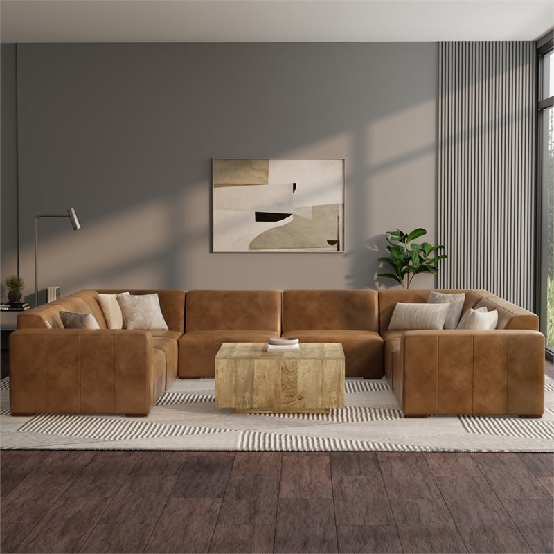 Simpli Home Rex U-Shaped Modular Sectional Sofa in Genuine Leather