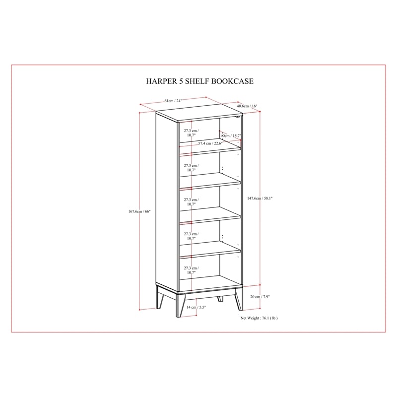 Harper SOLID HARDWOOD 66x 24 inch Modern 5 Shelf Bookcase in Walnut Brown