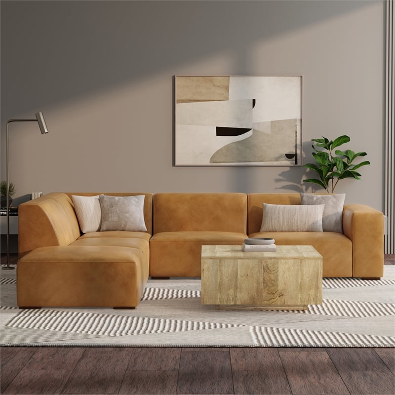 Simpli Home Rex Left Corner Sectional Modular Sofa with Ottoman in Leather