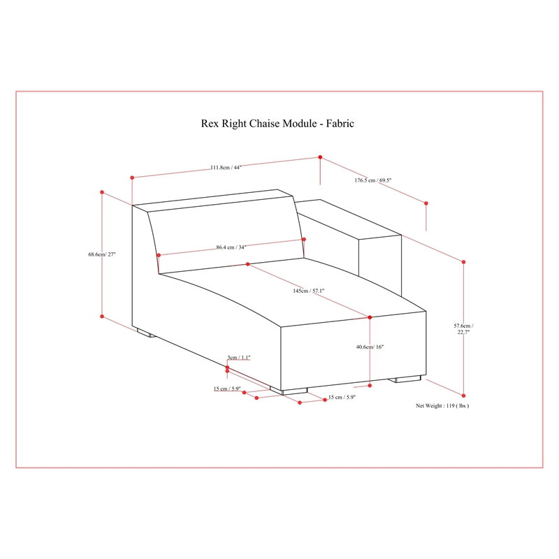 Simpli Home Rex Right Chaise Sofa Module in Tightly Woven Performance Fabric