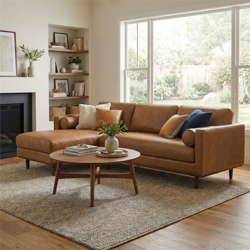 Morrison Left Sectional 102 inch Wide Sofa Sectional in Caramel Brown Leather