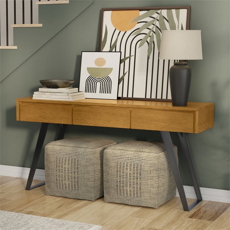 Lowry  60 inch Wide Modern Industrial Console Sofa Table in Oak Veneer