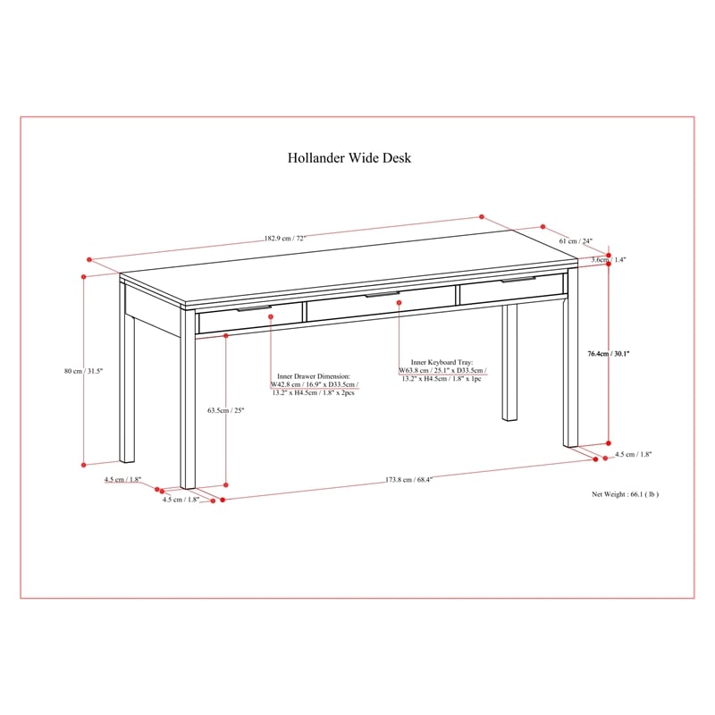 Hollander SOLID WOOD Modern 72 inch Wide Wide Desk in Warm Walnut Brown
