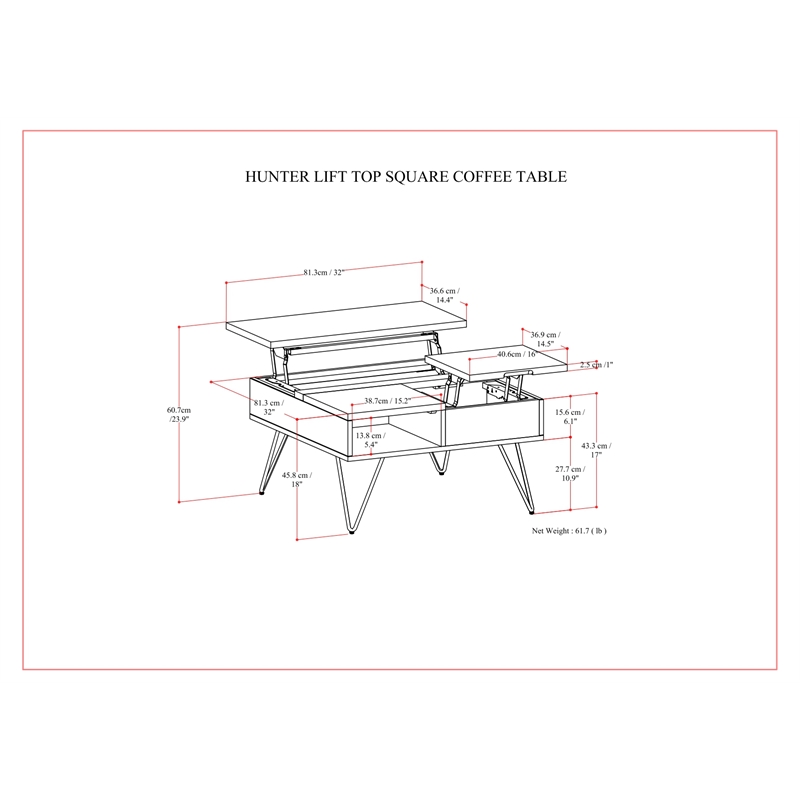 Hunter  32 inch Wide Square Industrial Lift Top Coffee Table in Oak