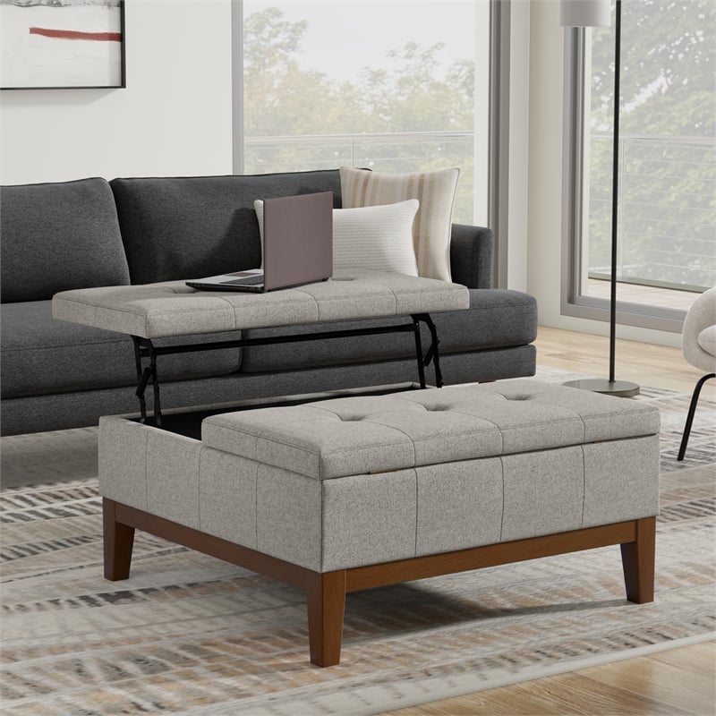 Dover 36 inch Wide Square Coffee Table Storage Ottoman in Cloud Gray Polyester