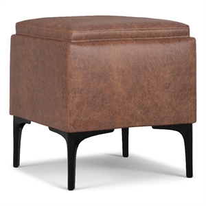 Natasha 18&quot WD Square Storage Ottoman with Tray in Brown Vegan Faux Leather