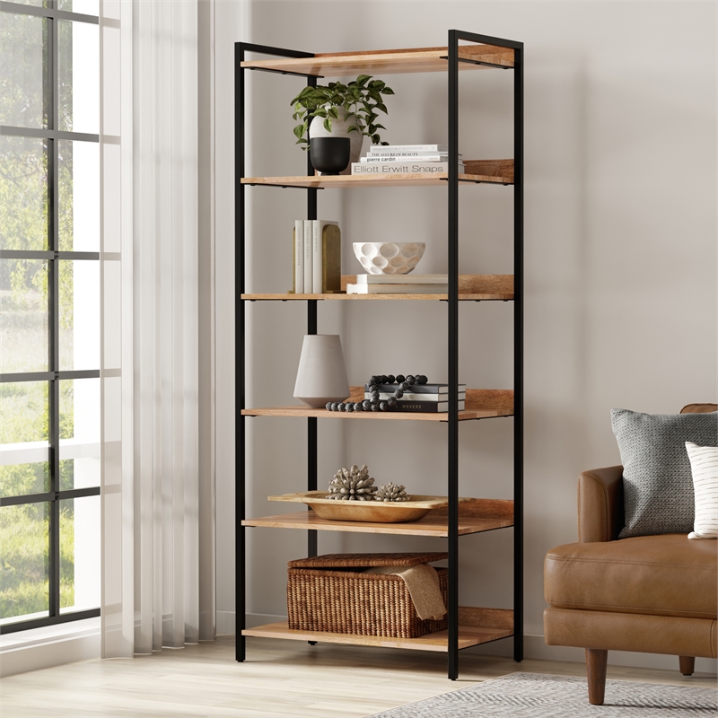 Kelsey SOLID MANGO WOOD 74x30 inch Modern Industrial Large Bookshelf in Natural