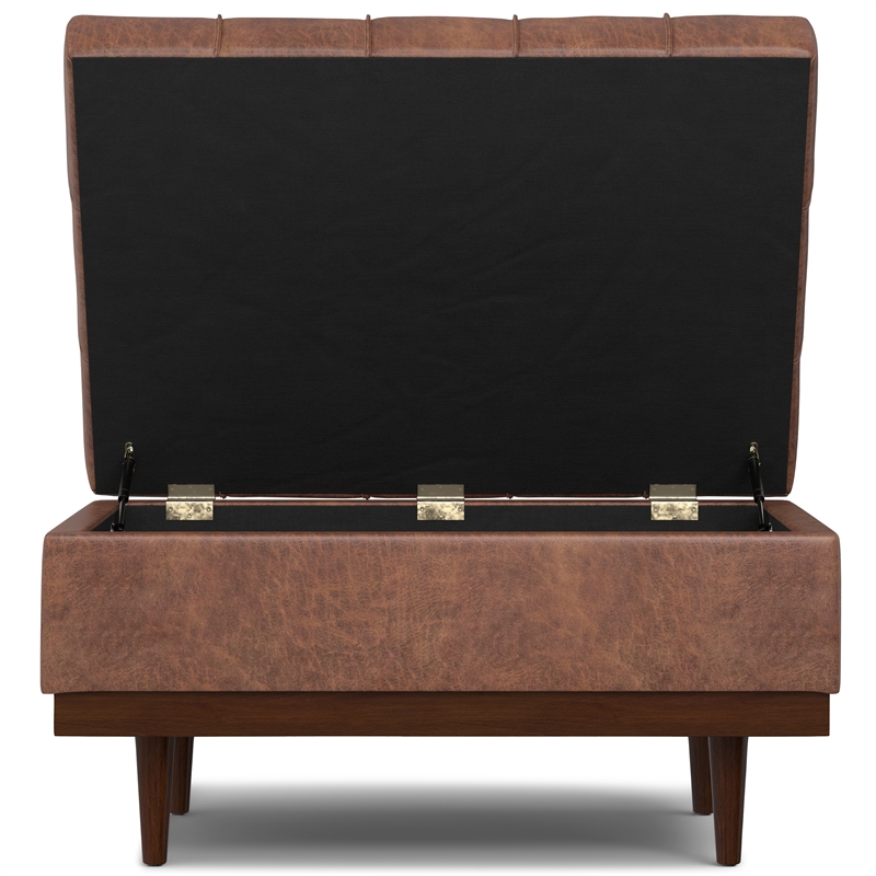 Mariah 34 inch Wide Coffee Table Storage Ottoman in Brown Vegan Faux Leather