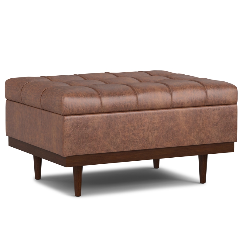 Mariah 34 inch Wide Coffee Table Storage Ottoman in Brown Vegan Faux Leather
