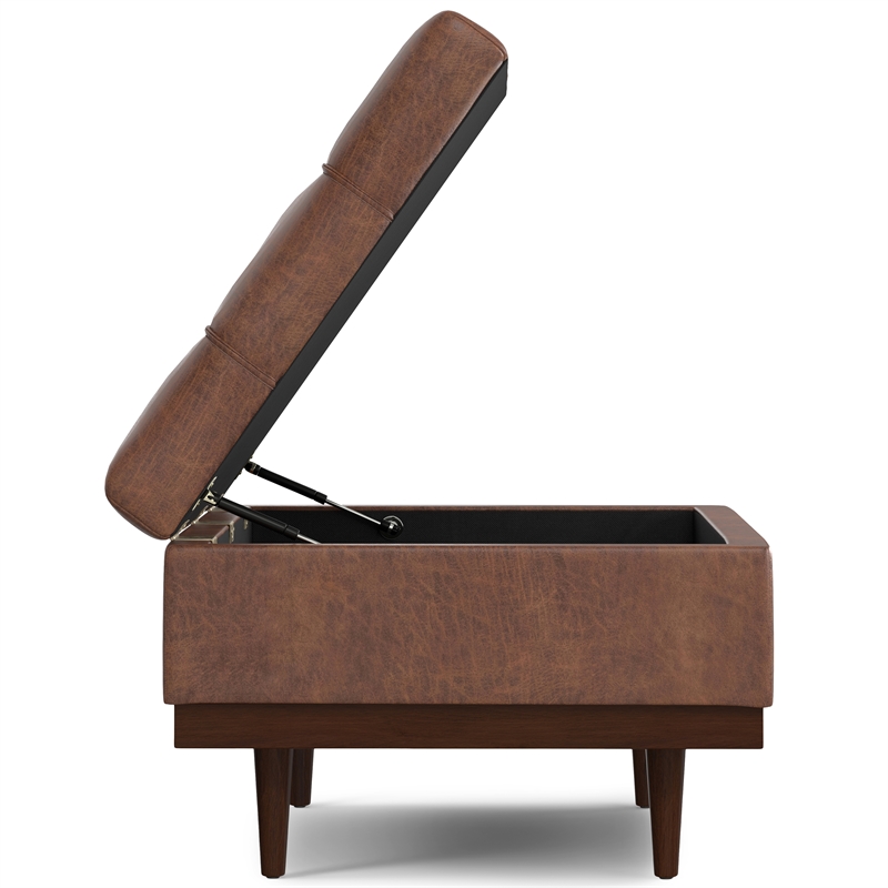 Mariah 34 inch Wide Coffee Table Storage Ottoman in Brown Vegan Faux Leather