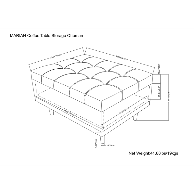 Mariah 34 inch Wide Coffee Table Storage Ottoman in Brown Vegan Faux Leather