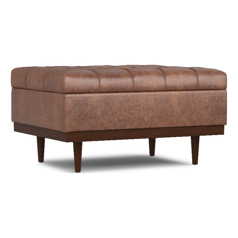 Mariah 34 inch Wide Coffee Table Storage Ottoman in Brown Vegan Faux Leather