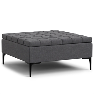 Laura 36&quot Wide Square Lift Top Storage Ottoman in Slate Gray Polyester Linen