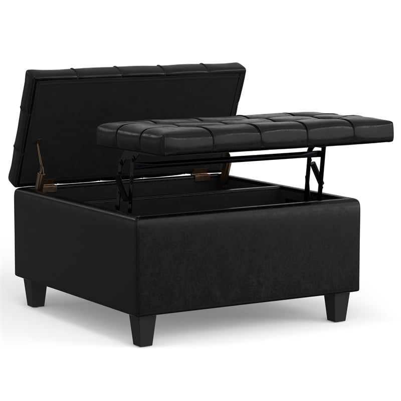 Harrison 30 inch Wide Coffee Table Storage Ottoman in Black Vegan Faux Leather