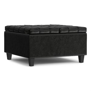 Harrison 30 inch Wide Coffee Table Storage Ottoman in Black Vegan Faux Leather