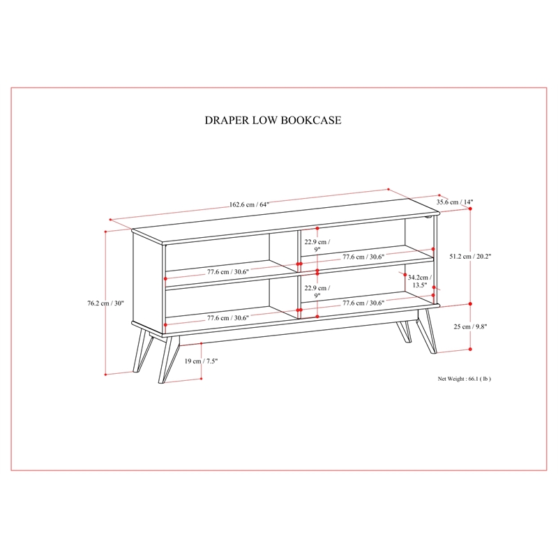 Draper SOLID HARDWOOD 30x 64 inch Modern Low Bookcase in White