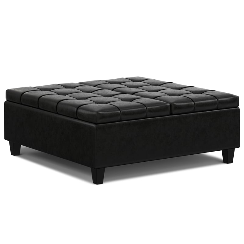 Harrison 40 inch WD Coffee Table Storage Ottoman in Black Vegan Faux Leather