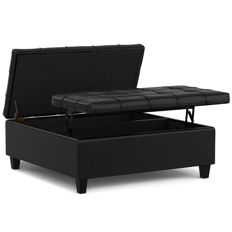 Harrison 40 inch WD Coffee Table Storage Ottoman in Black Vegan Faux Leather