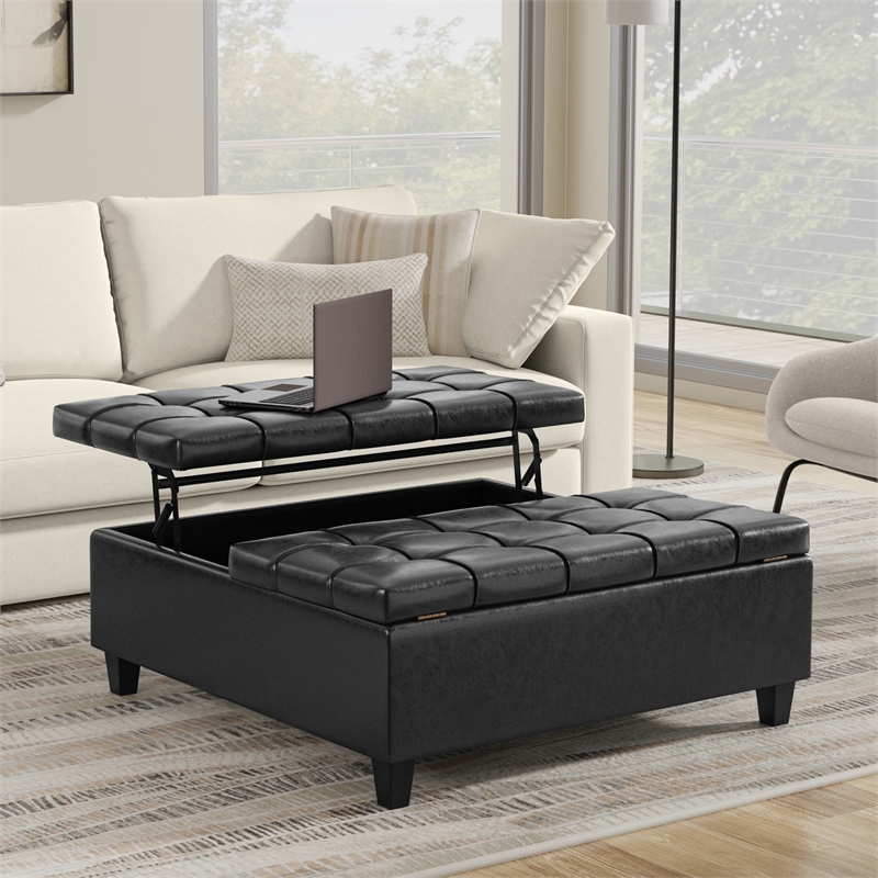 Harrison 40 inch Wide Coffee Table Storage Ottoman in Black Vegan Faux Leather