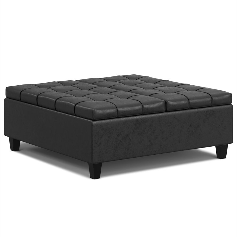 Harrison 40 inch Wide Coffee Table Storage Ottoman in Black Vegan Faux Leather