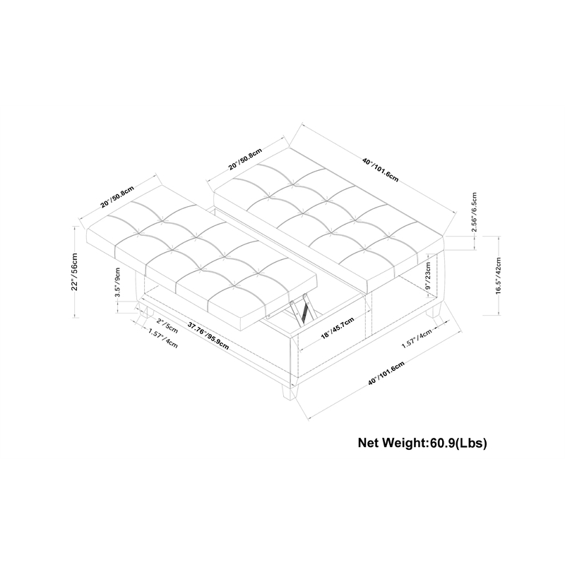 Harrison 40 inch Wide Coffee Table Storage Ottoman in Black Vegan Faux Leather