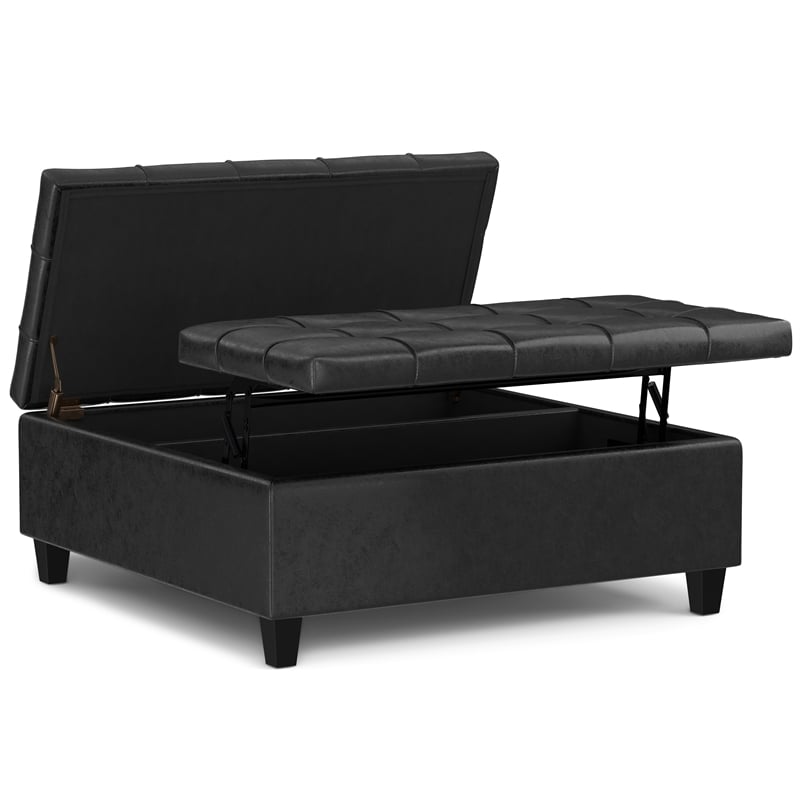 Harrison 40 inch Wide Coffee Table Storage Ottoman in Black Vegan Faux Leather