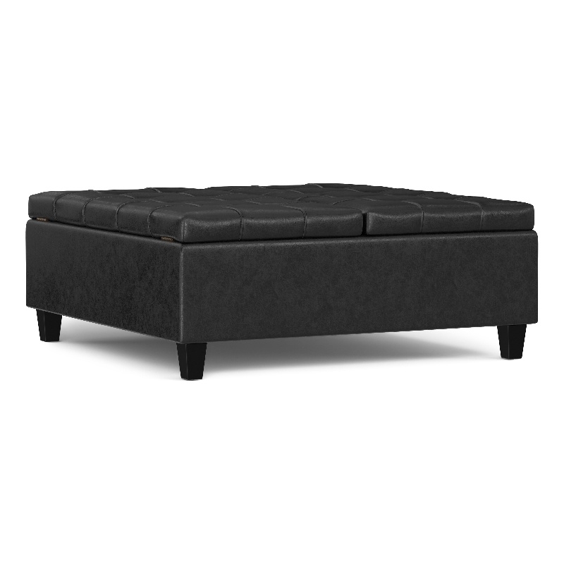 Harrison 40 inch Wide Coffee Table Storage Ottoman in Black Vegan Faux Leather