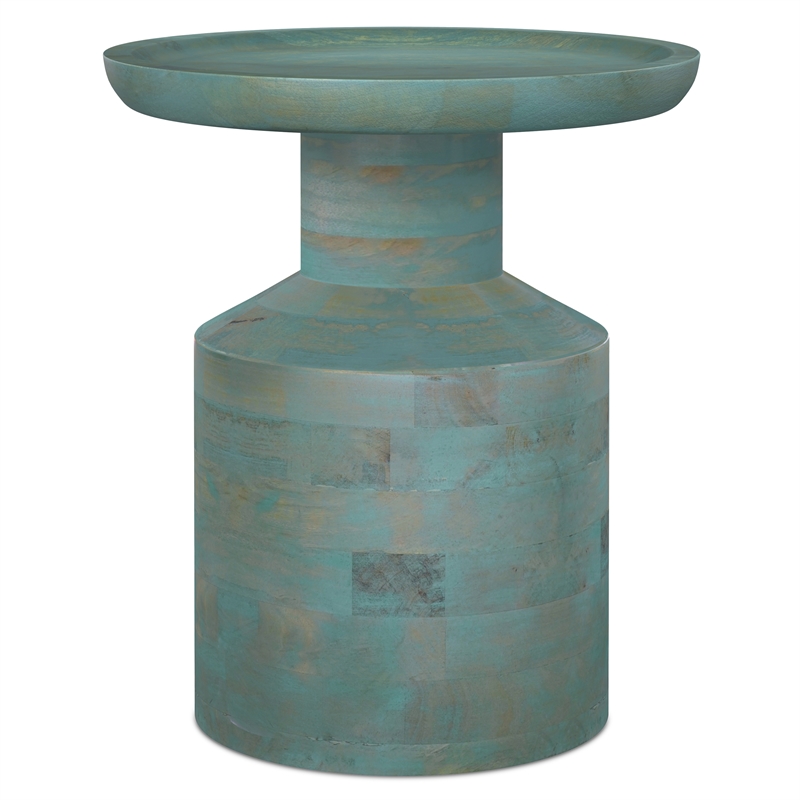 Haynes 16 inch Wide Solid Mango Boho Accent Table in Teal Wash & Assembled