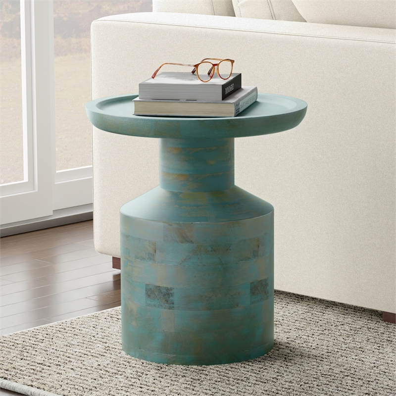 Haynes 16 inch Wide Solid Mango Boho Accent Table in Teal Wash & Assembled