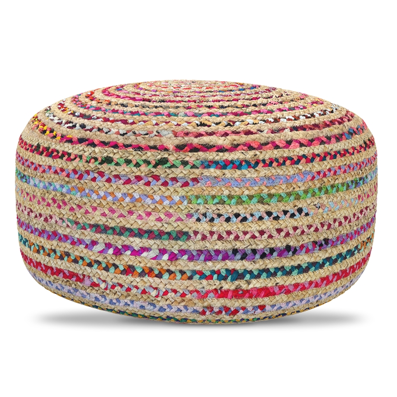 Simpli Home Margo Boho Contemporary Round Large Pouf in Multi Color