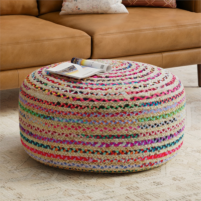 Simpli Home Margo Boho Contemporary Round Large Pouf in Multi Color