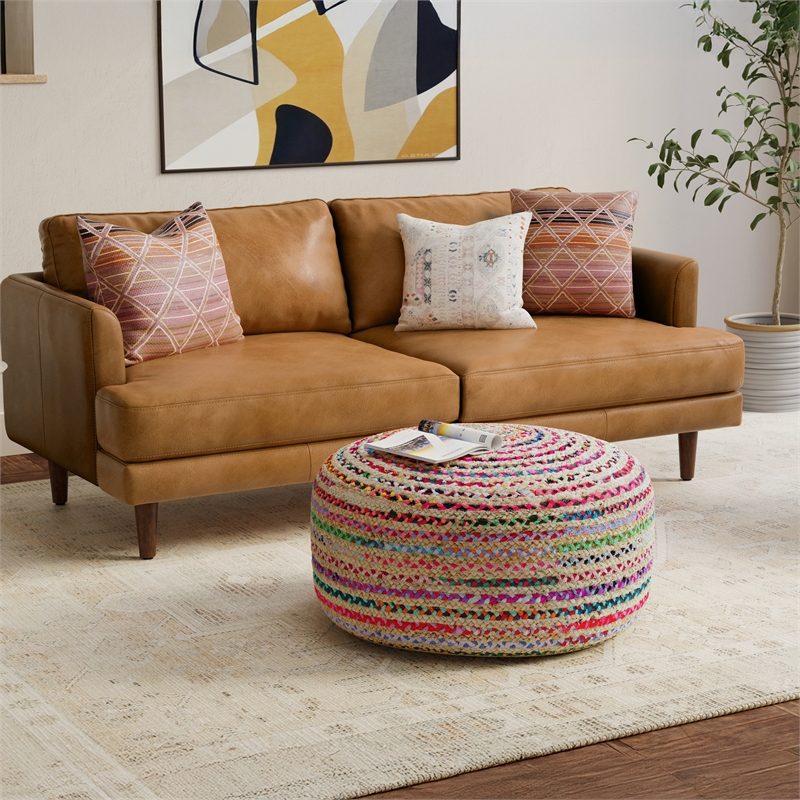Simpli Home Margo Boho Contemporary Round Large Pouf in Multi Color
