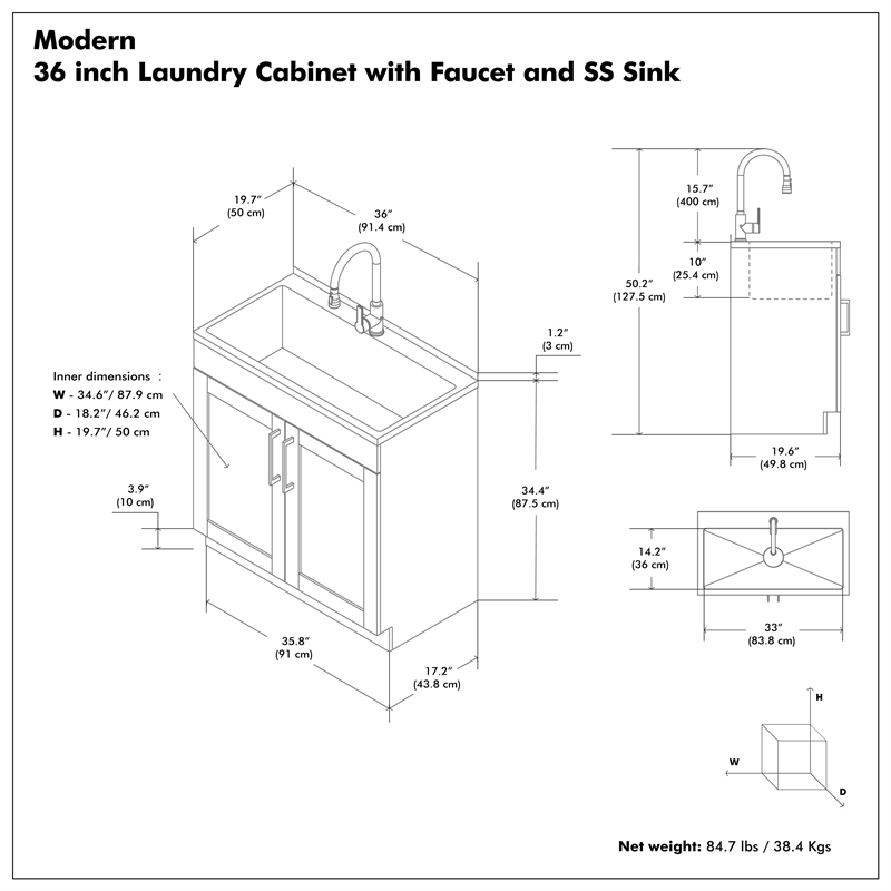 Modern Wide Shaker 36-inch Utility Sink & Cabinet in Pure White