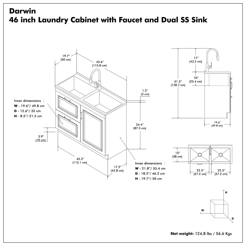 Darwin 46-inch Utility Sink & Cabinet in Pure White