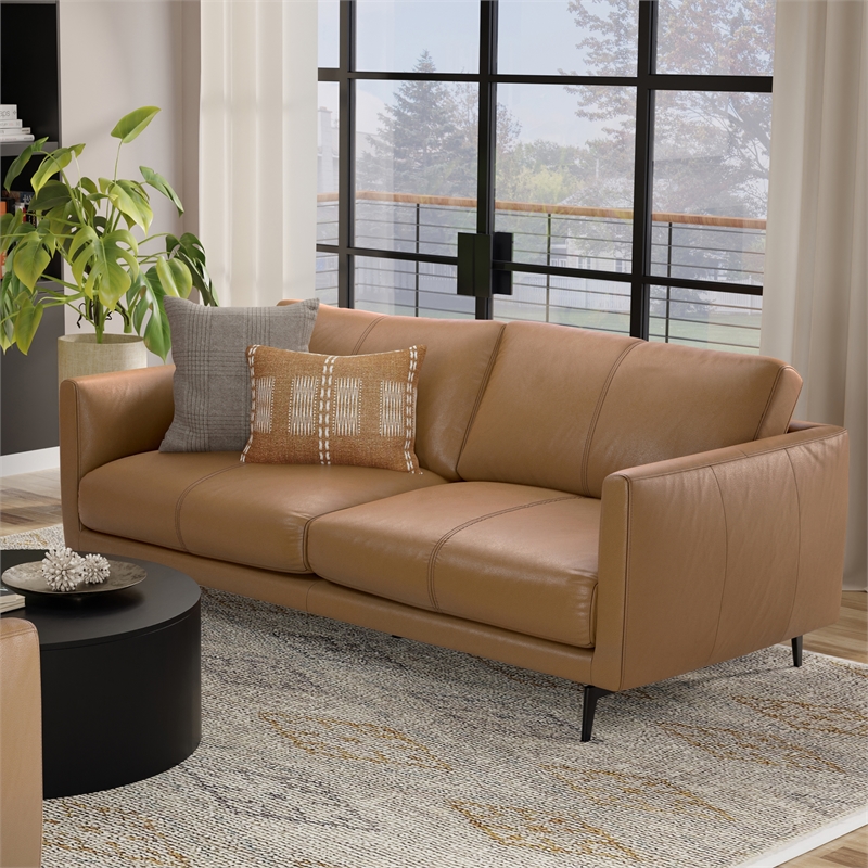 Stevens Modern 81 inch Wide Sofa in Butternut Brown Genuine Leather