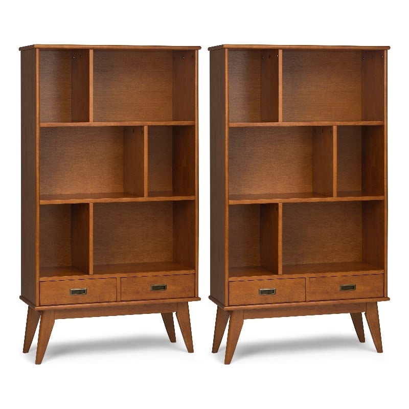 Draper 35W 6 Cubbie Bookcase with Drawer (Set of 2) in Teak Brown