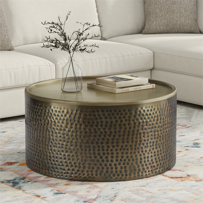 Corbin 32 inch Wide Boho Coffee Table in Hammered Antique Gold Iron & Assembled