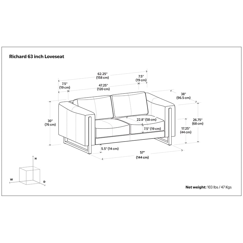Richard Modern 62 inch Wide Sofa inLight Smoke Gray Genuine Leather