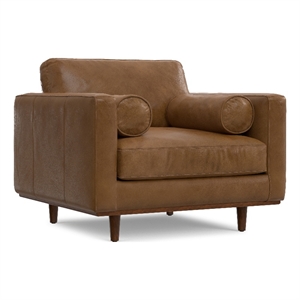 Morrison 42&quot Wide Mid-Century Modern Arm Chair in Caramel Brown Genuine Leather