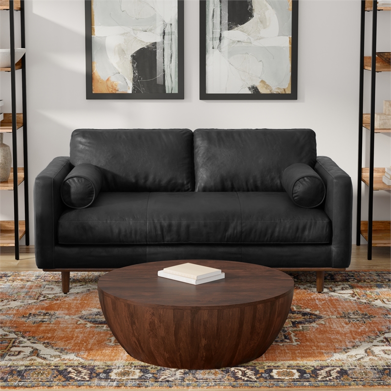 Morrison 72 inch Wide Modern Sofa in Lead Black Semi-Aniline Genuine Leather