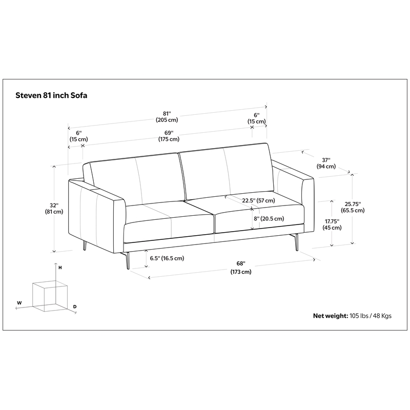 Stevens Modern 81 inch Wide Sofa in Light Smoke Gray Genuine Leather
