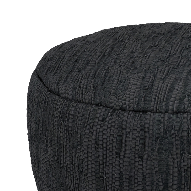 Fredrik 30 inch Wide Boho Pouf in Black Genuine Woven Leather & Assembled