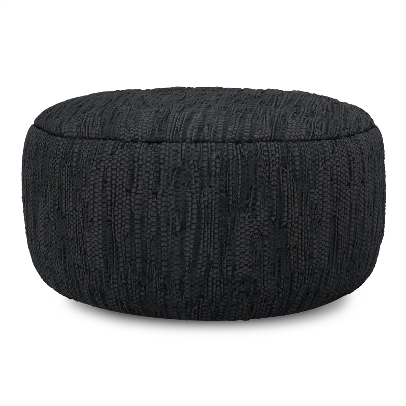 Fredrik 30 inch Wide Boho Pouf in Black Genuine Woven Leather & Assembled